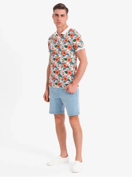 Moška bela polo majica s cvetličnim potiskom V1 POSS-0149