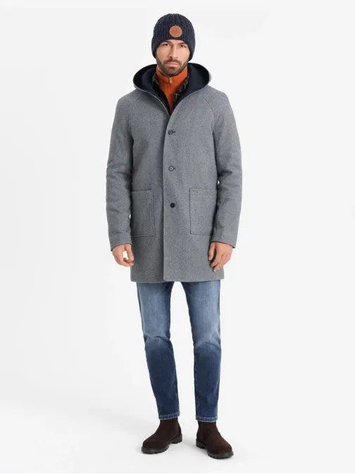 Siv dolg plašč s kapuco V1 COWC-0122