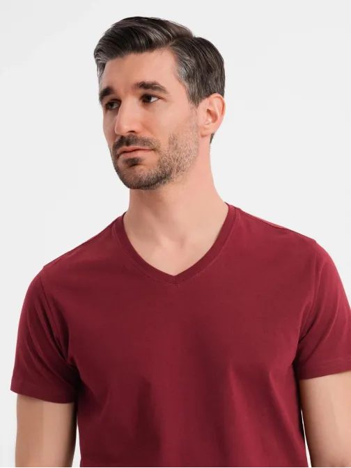 Osnovna bombažna majica v bordo barvi z V-izrezom V10 TSBS-0237