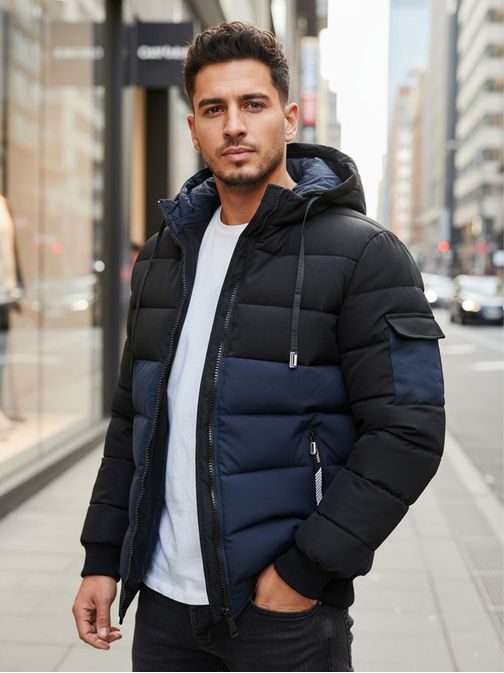 Moška zimska jakna s kapuco v dvobarvni izvedbi