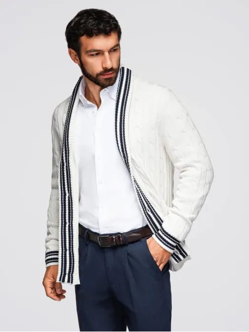 Pleten pulover za moške bela v1 om-swcd-0152