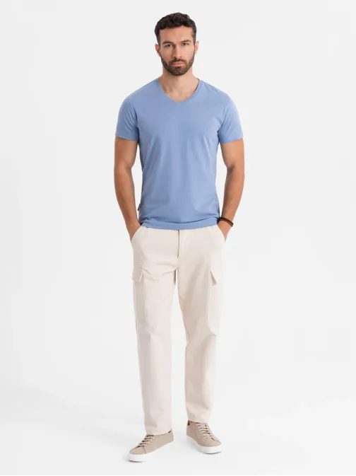 Osnovna bombažna modra majica z V-izrezom V20 TSBS-0237