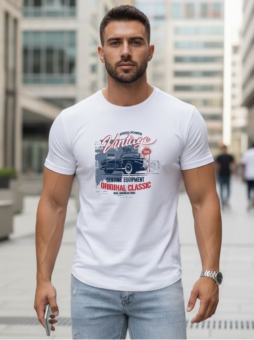 Bela moška majica s potiskom VINTAGE CAR