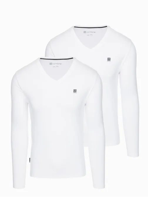 Dvojni paket belih majic z dolgimi rokavi in V-izrezom z logotipom Z103-V4