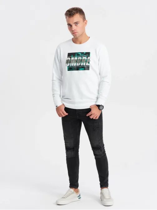 Bel moški pulover z izrazitim napisomV1 SSPS-0156