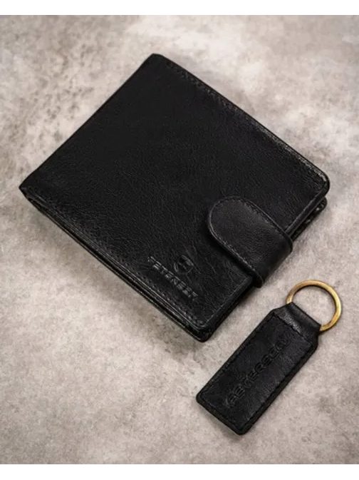 Črn usnjen komplet Peterson - denarnica in obesek za ključe
