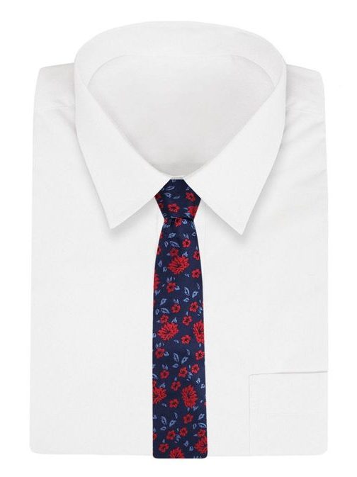 Prepoznavna modra kravata z rdečimi cvetovi
