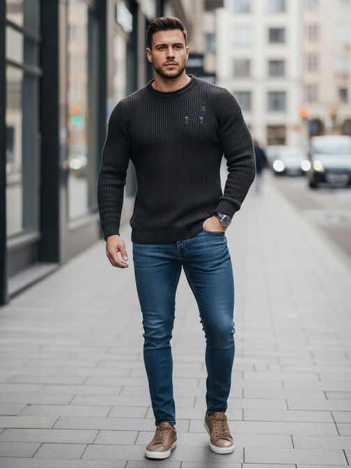 Temno siv pleteni pulover z modnimi luknjami