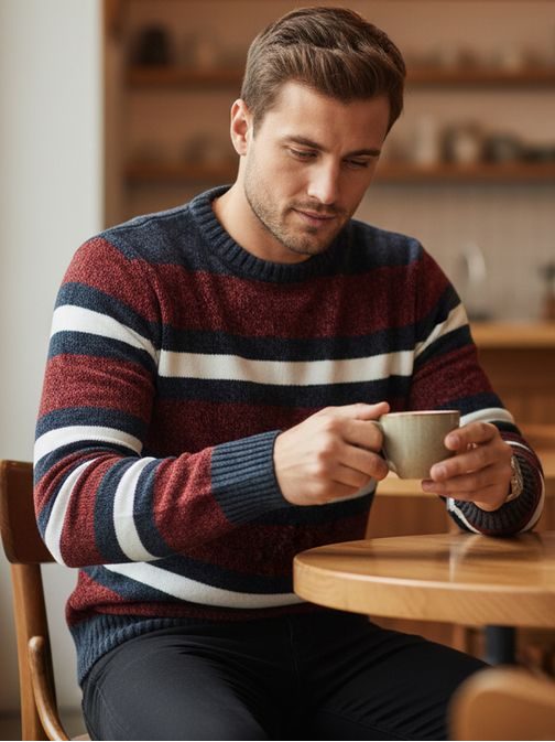 Modni črtasti rdeči pulover za zimo