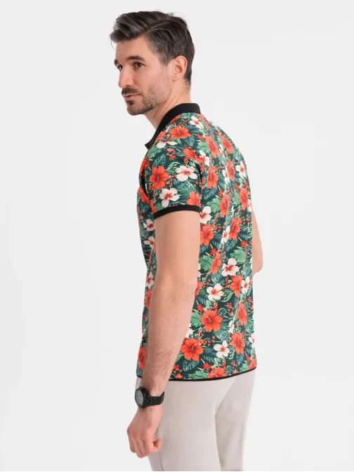 Moška črna polo majica s cvetličnim potiskom V2 POSS-0149