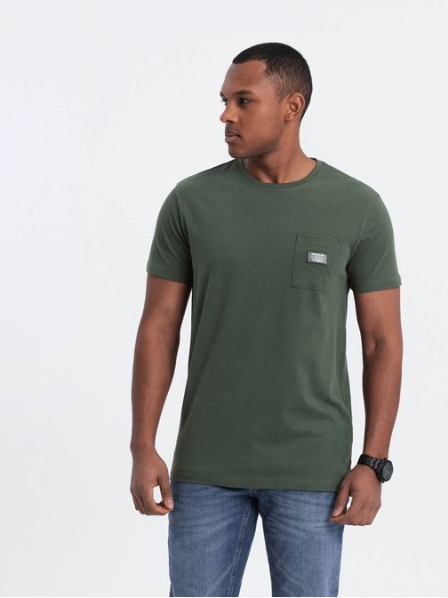 Trendovska majica z okrasnim žepom olivno zelena V4 TSCT-0109