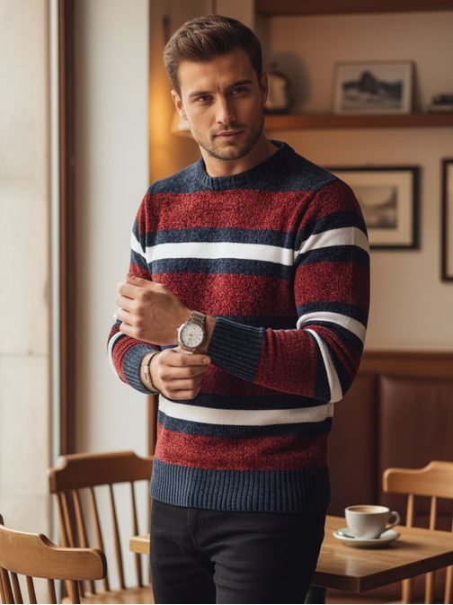 Modni črtasti rdeči pulover za zimo