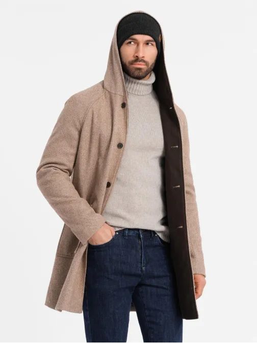 Bež dolg plašč s kapuco V2 COWC-0122