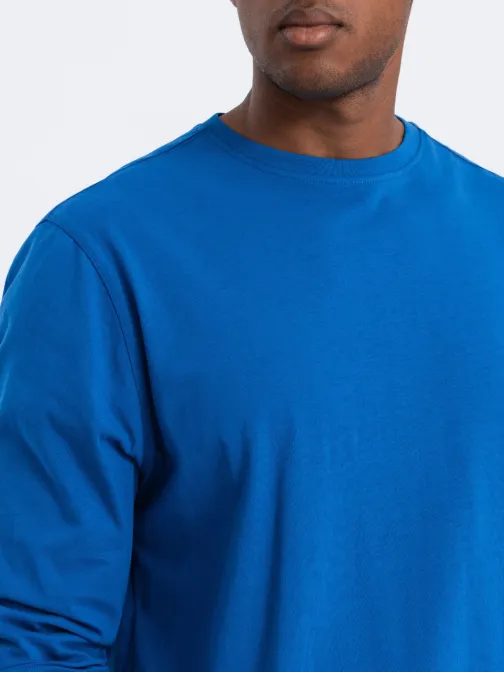 Enostavna bombažna majica z dolgimi rokavi v modri barvi v9 om-lsbl-0106
