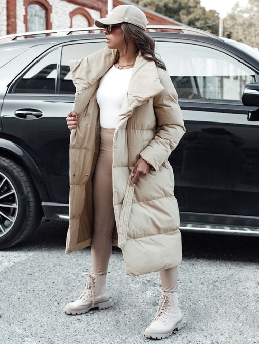 Ženski prešit dolg bež plašč Favi