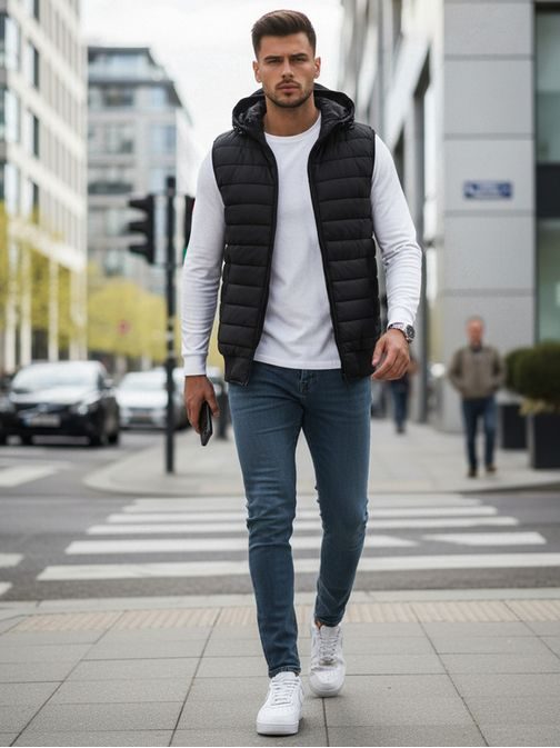 Trendovski brezrokavnik s kapuco v črni barvi