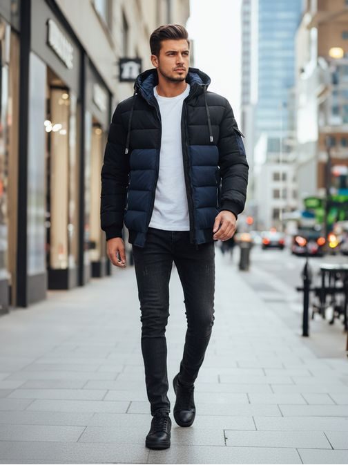 Moška zimska jakna s kapuco v dvobarvni izvedbi