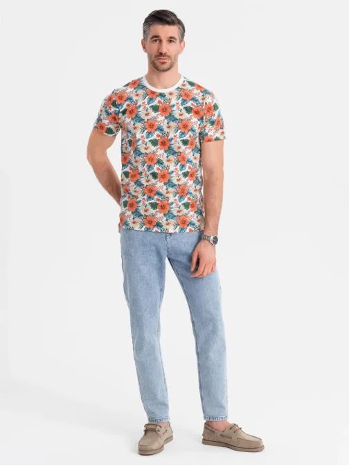 Moška bela majica s cvetličnim potiskom V1 TSFP-0249