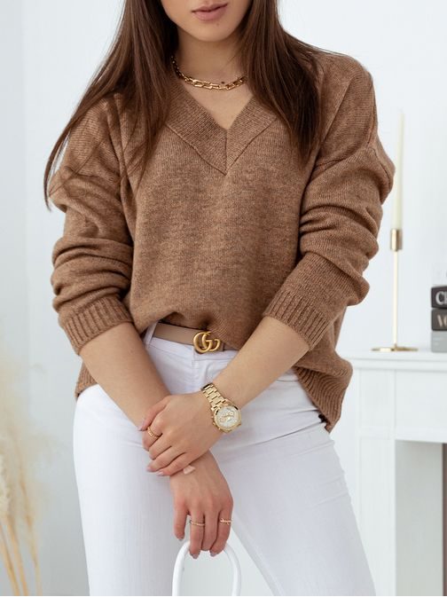 Rjav ženski pulover Belisa z V-izrezom