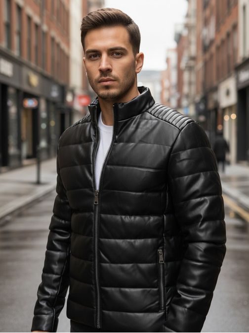 Moderna prešita usnjena jakna za zimo v črni barvi