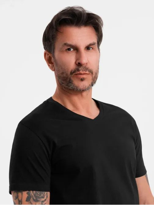 Osnovna bombažna črna majica z V-izrezom V1 TSBS-0237