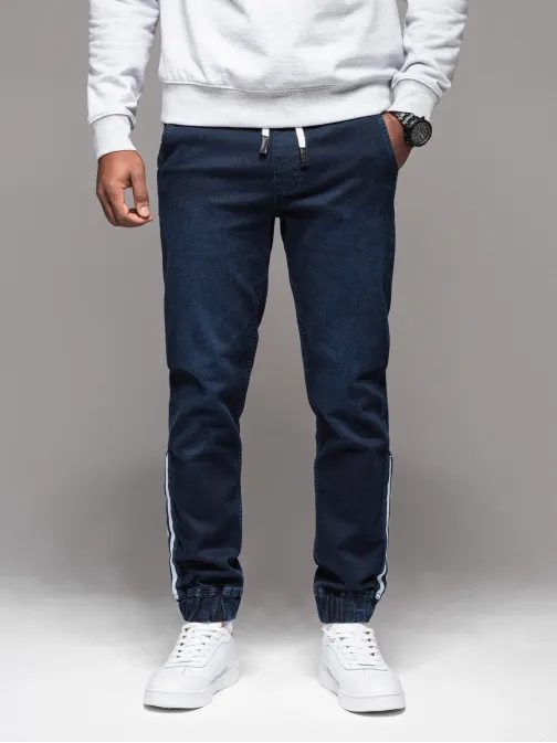 Edinstvene temno modre jeans joggerke s stranskimi črtami PADJ-0156