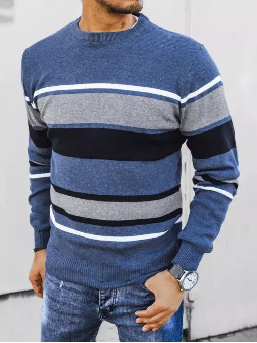 Trendovski črtast moder pulover
