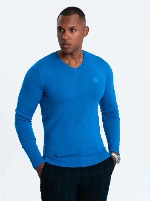 Klasičen moder pulover z V-izrezom V19 SWBS-0107