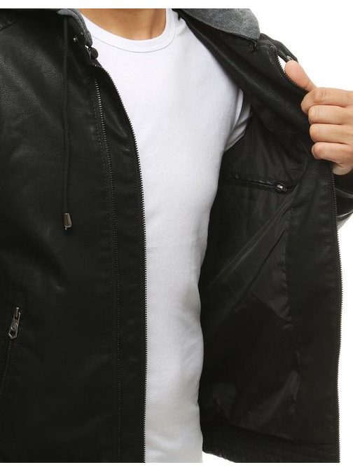 Črna jakna iz umetnega usnja s kapuco