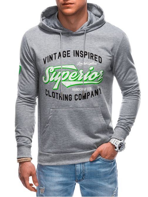 Siv originalen pulover z izrazitim napisom in kapuco B1583