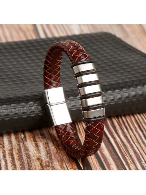 Usnjena pletena zapestnica z ornamentom rjave barve