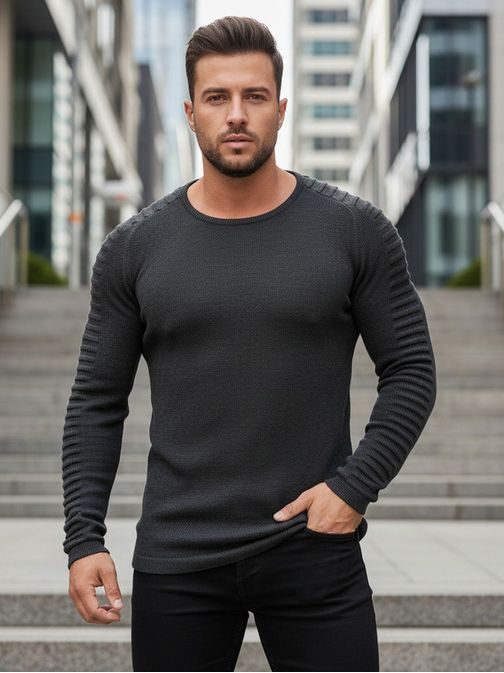 Sodoben moški pulover z zanimivimi rokavi sive barve