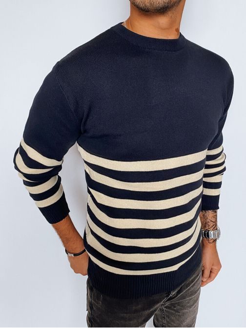 Trendovski temno moder črtasti pulover