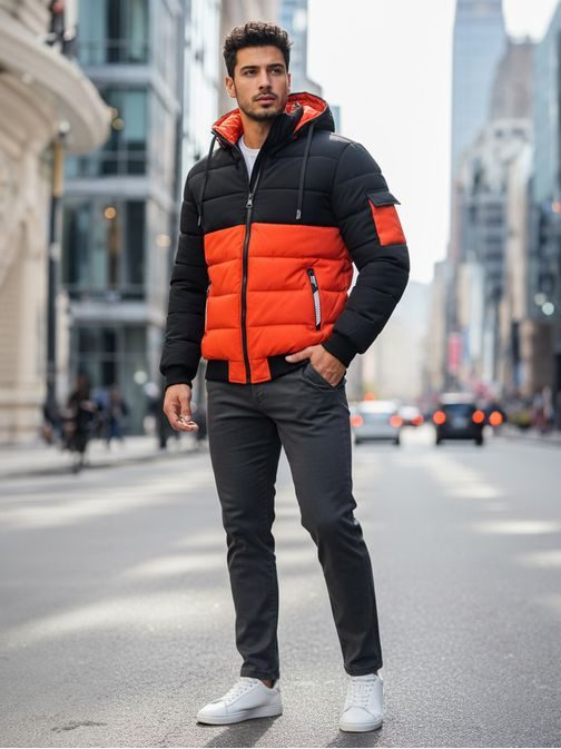 Moška zimska jakna s kapuco v črni in oranžni barvi