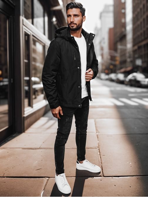 Moška prehodna črna jakna s kapuco