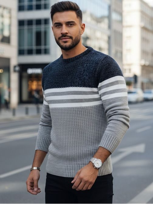 Pulover z okrasnimi črtami sive barve