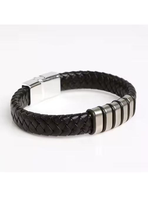 Usnjena pletena zapestnica z ornamentom črna