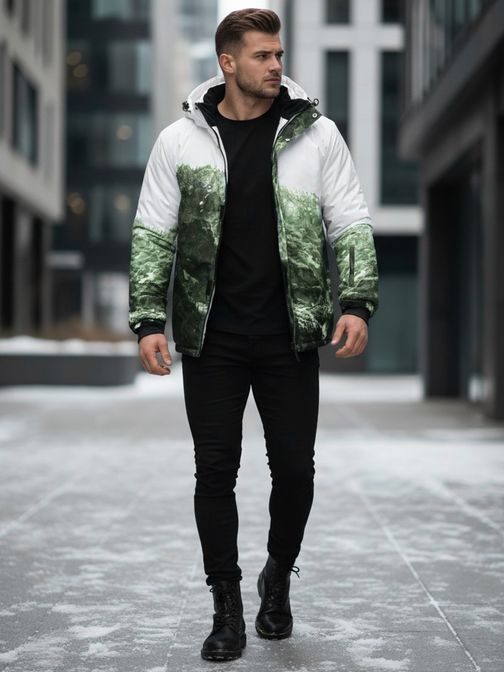 Edinstvena belo-zelena potiskana zimska jakna