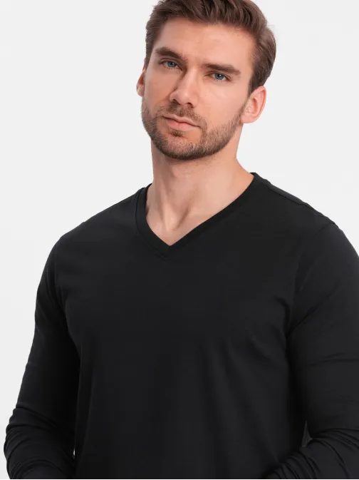 Črna majica z dolgimi rokavi in ​​V-izrezom V6 LSBL-0108