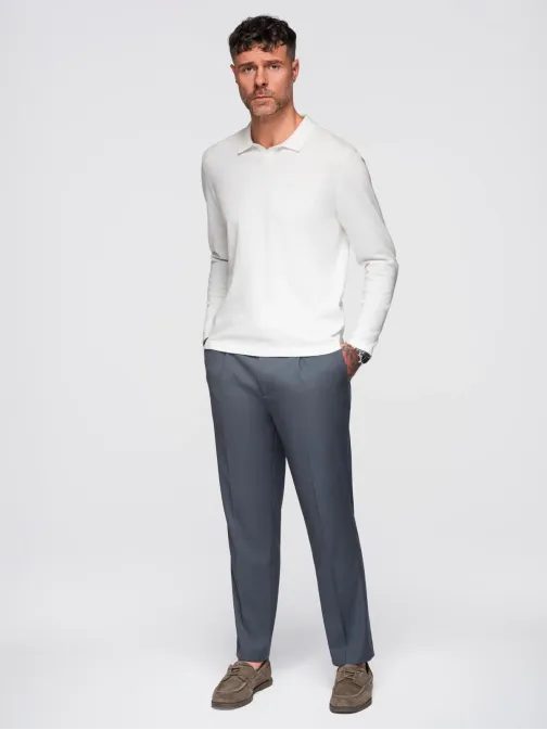 Moška polo majica z dolgimi rokavi in okrasnim našitkom bela v2 om-pols-0140