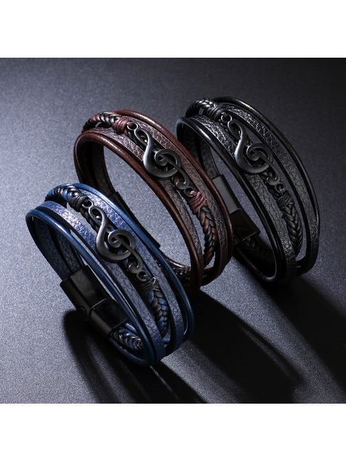 Moška usnjena zapestnica z violinskim ključem - modra