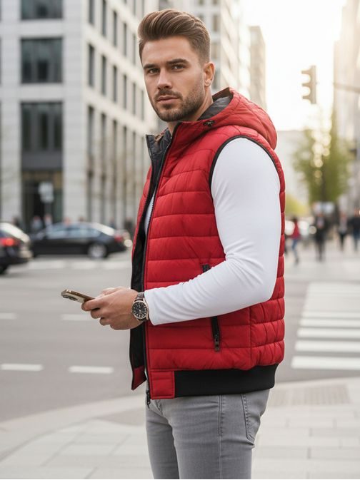 Trendovski telovnik s kapuco v rdeči barvi