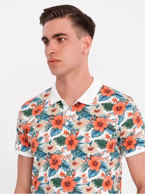 Moška bela polo majica s cvetličnim potiskom V1 POSS-0149