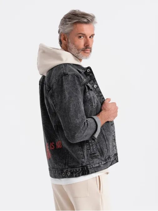 Jeans jakna v črno-sivi barvi s potiskom C525