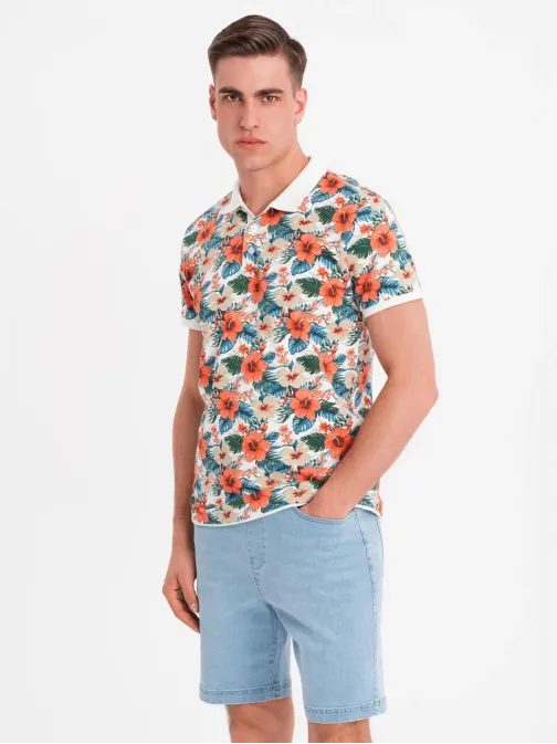 Moška bela polo majica s cvetličnim potiskom V1 POSS-0149