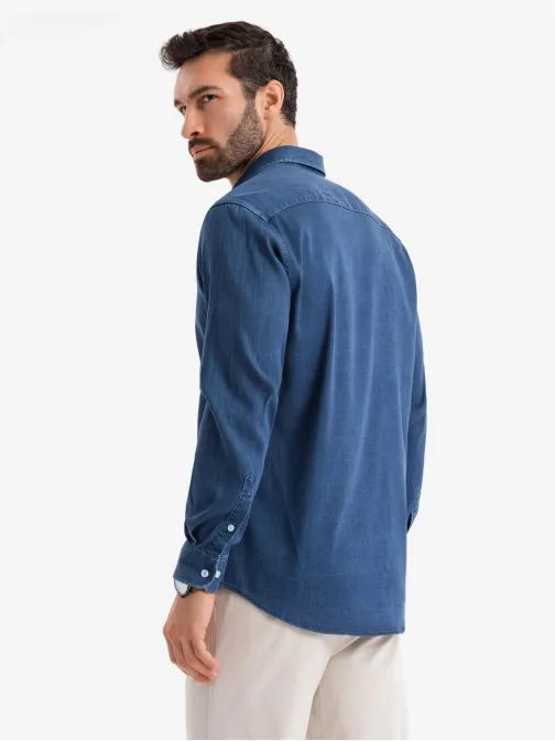 Trendovska temno modra denim srajca z logotipom V1 SHDS-0180