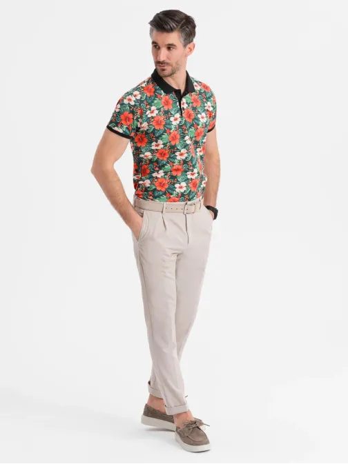 Moška črna polo majica s cvetličnim potiskom V2 POSS-0149