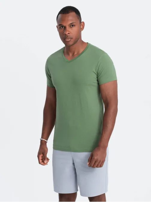 Bombažna moška zelena majica z V-izrezom V10-TSBS-0145