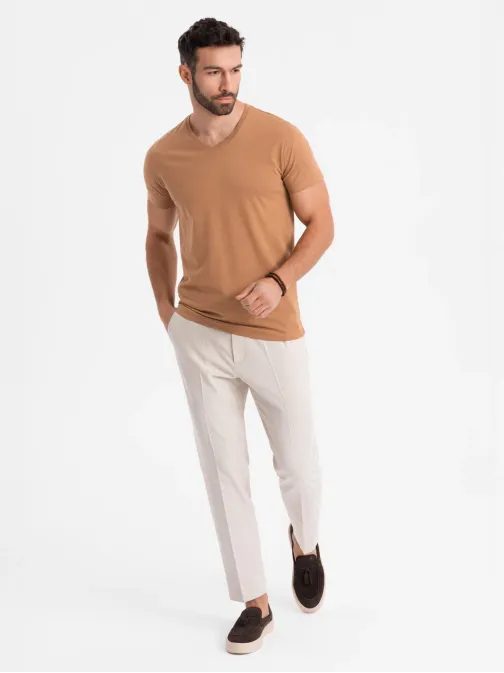 Osnovna bombažna rjava majica z V-izrezom V9 TSBS-0237