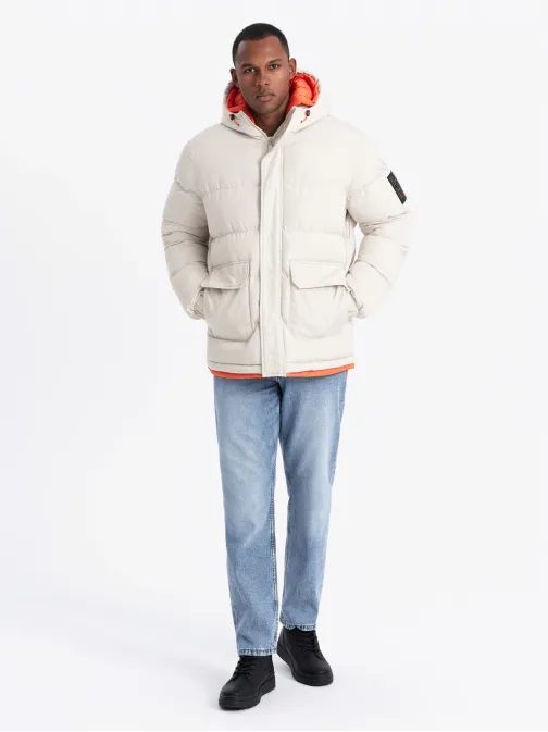 Moška zimska jakna iz pepela z značilnimi elementi V1 JAHP-0208